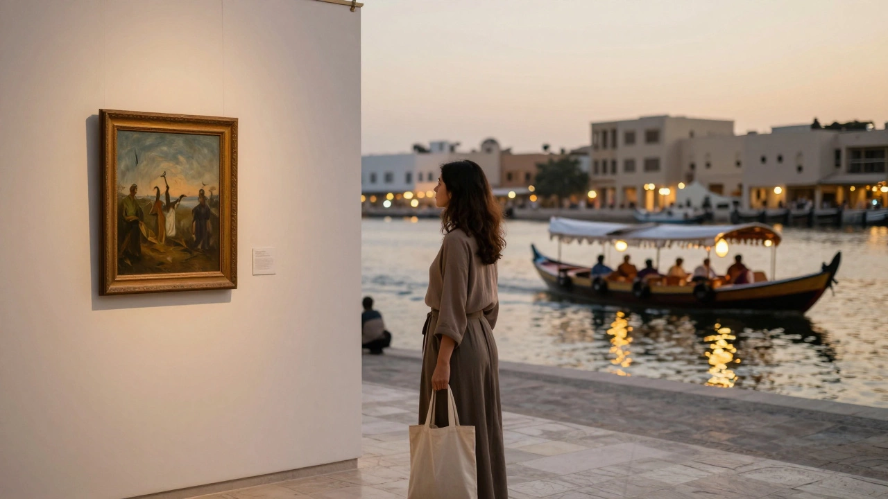 A woman standing outside an art gallery in Alserkal Avenue, calm and independent at dusk.