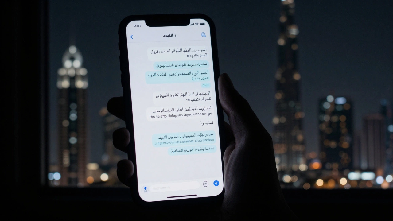 Reflection of encrypted messages on a dark window, overlooking Dubai’s skyline at night.